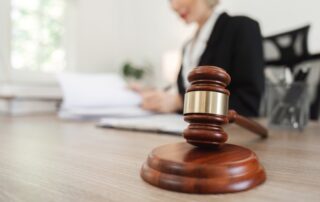 Female Lawyer Reviewing Contract Documents for Legal Case in Modern Office Setting